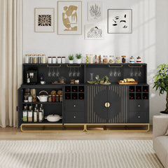 Home Bar Cabinet with Wine Rack Glass Holder and Adjustable Shelf-Black