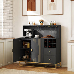 Home Bar Cabinet with Wine Rack Glass Holder and Adjustable Shelf-Black
