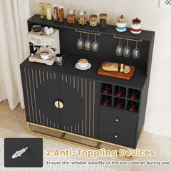 Home Bar Cabinet with Wine Rack Glass Holder and Adjustable Shelf-Black