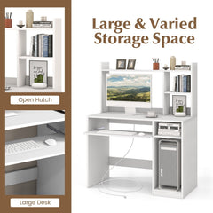 Home Office Computer Desk with Bookcase Keyboard Tray and CPU Stand-White