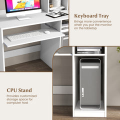 Home Office Computer Desk with Bookcase Keyboard Tray and CPU Stand-White