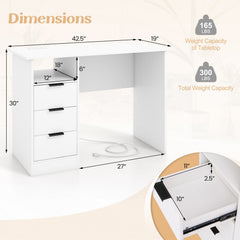 Home Office Desk with Power Outlet 3 Storage Drawers and Open Compartment-White