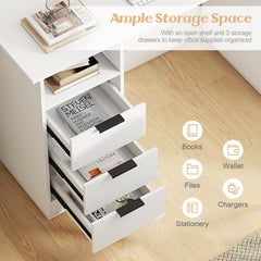 Home Office Desk with Power Outlet 3 Storage Drawers and Open Compartment-White