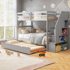 Home Wood Bunk Bed with Guard Rail and 4-step Storage Stairs No Box Spring Needed-Gray