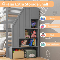 Home Wood Bunk Bed with Guard Rail and 4-step Storage Stairs No Box Spring Needed-Gray