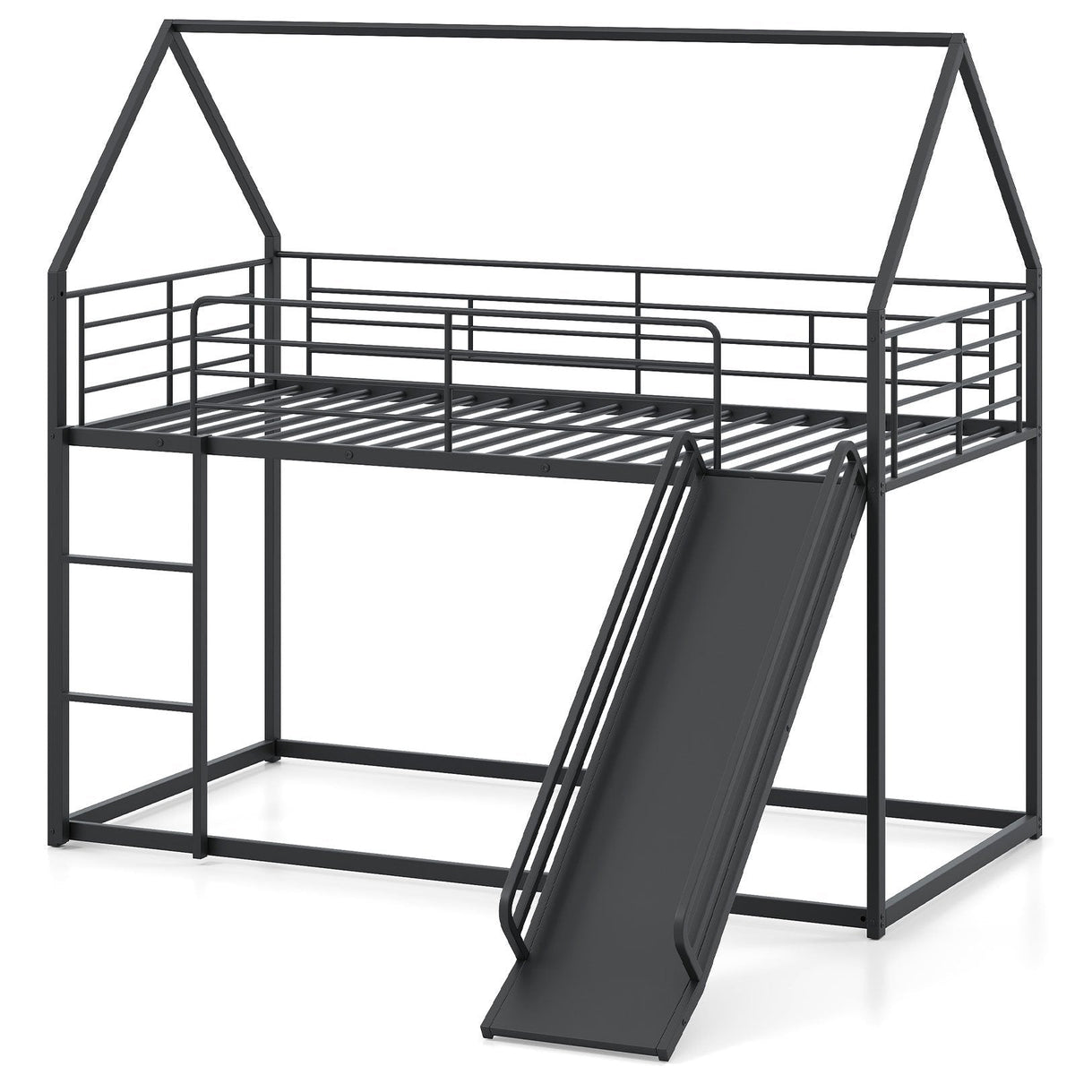 House-shaped Metal Twin Over Twin Low Bunk Bed-Black