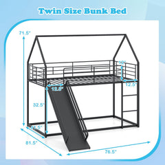 House-shaped Metal Twin Over Twin Low Bunk Bed-Black