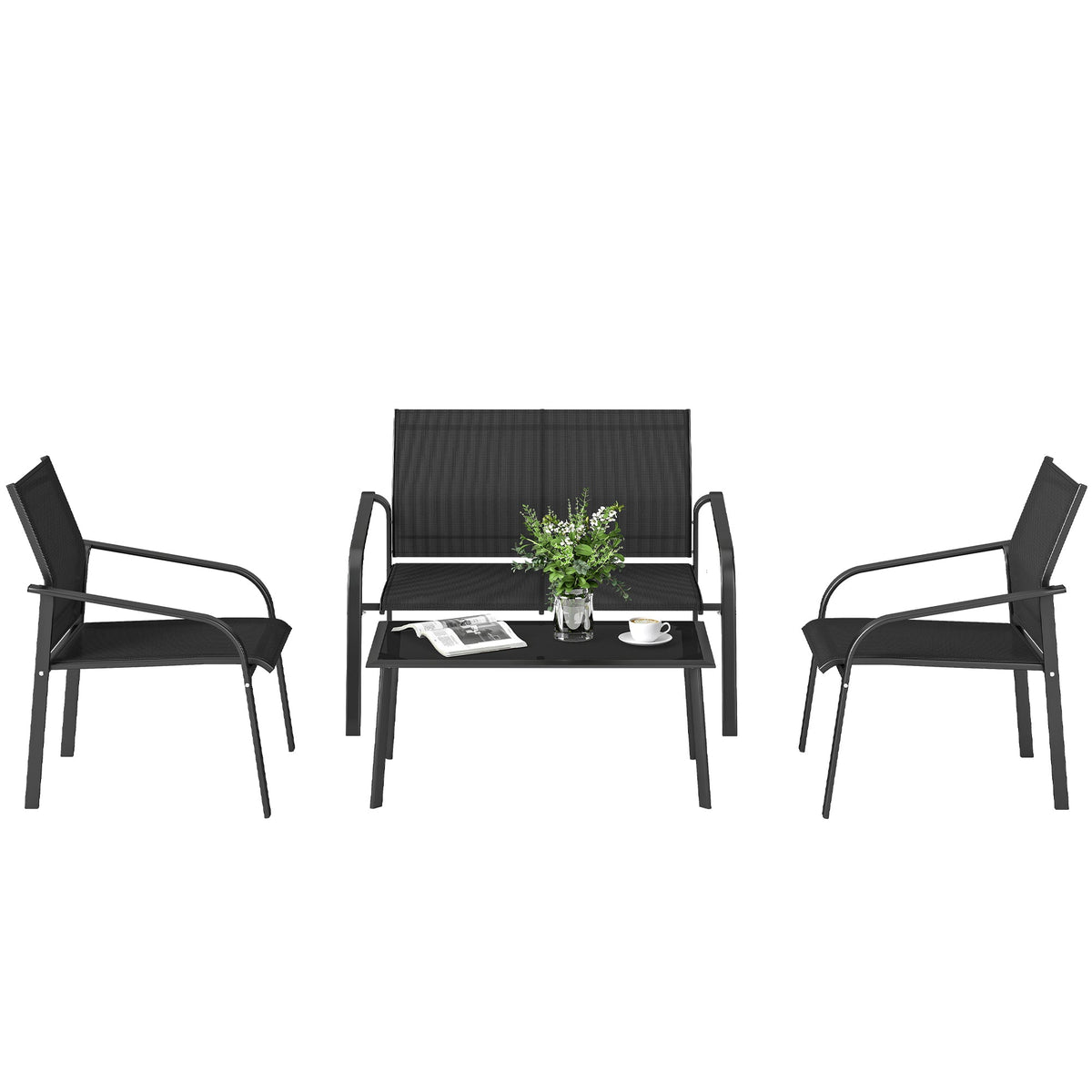 4 Piece Patio Furniture Set, Outdoor Conversation Set with Deep Seat, Loveseats, Armchairs, Glass-Top Table, Black