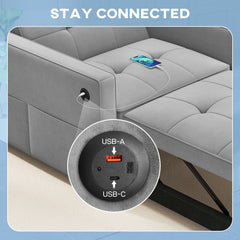 Convertible Chair Bed, Pull Out Sleeper Chair with USB, Adjustable Backrest, Small Velvet Futon Sofa Bed, Cream White