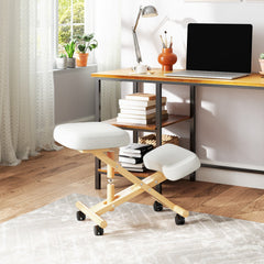 Ergonomic Kneeling Chair, Posture Chair with Rubberwood Frame, Rolling Wheels for Office, Posture Correction, Black