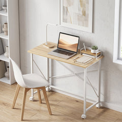 31.5" Home Office Desk, Folding Desk with Wheels for Small Space, Easy Assembly for Home Office, Natural Wood Finish