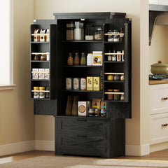 Farmhouse Kitchen Pantry Storage Cabinet, 64" Freestanding Kitchen Pantry Cabinet with Drawers, Distressed Black