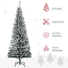6ft Flocked Christmas Tree, Pencil Christmas Tree with Realistic Branch Tips, Folding Metal Stand, Green