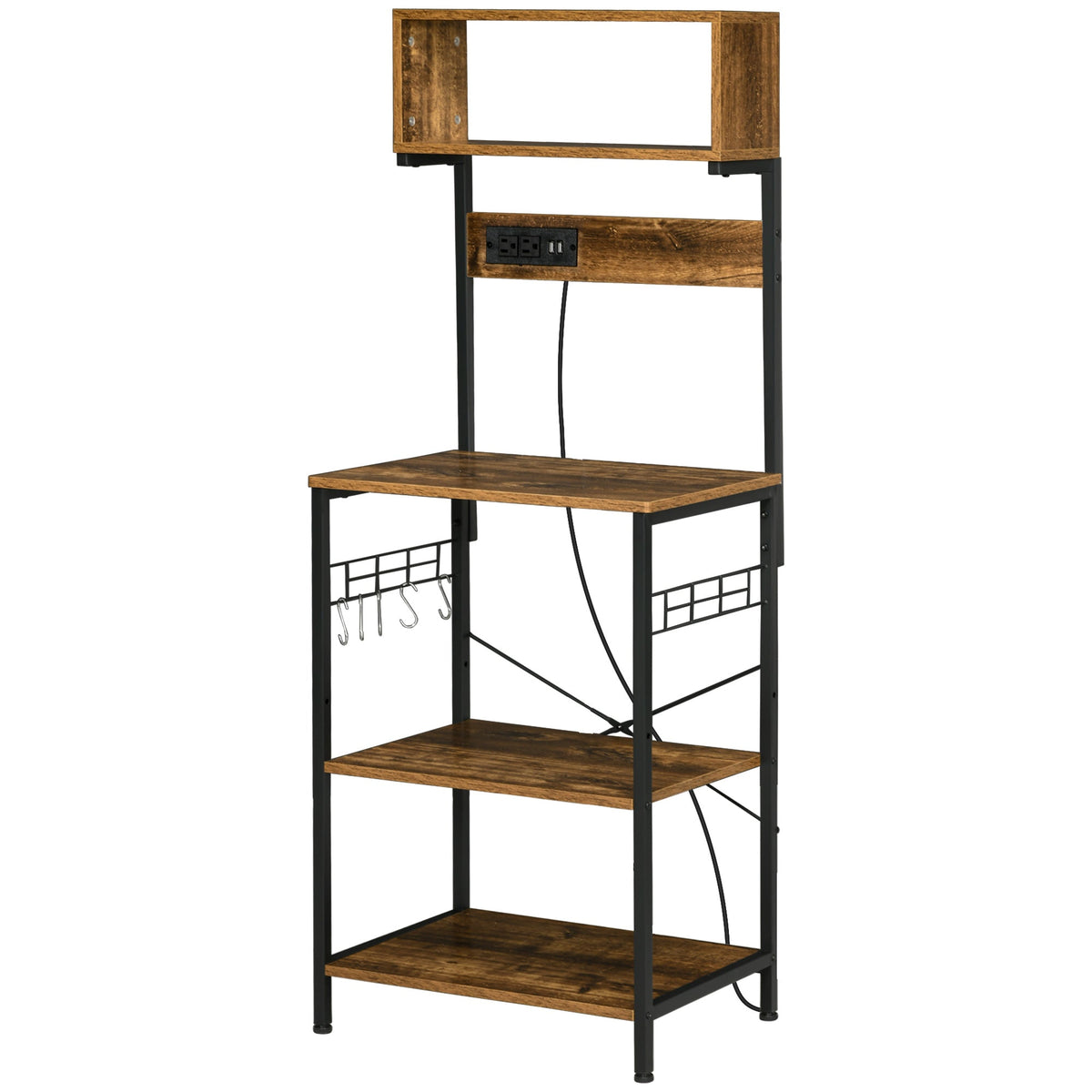 Baker's Rack with Charing Station, Microwave Shelf with Power Outlet, USB Charger and 5 Hooks, Black