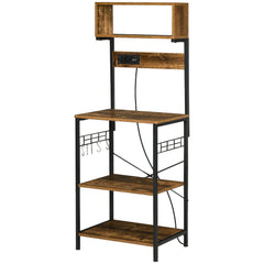 Baker's Rack with Charing Station, Microwave Shelf with Power Outlet, USB Charger and 5 Hooks, Black