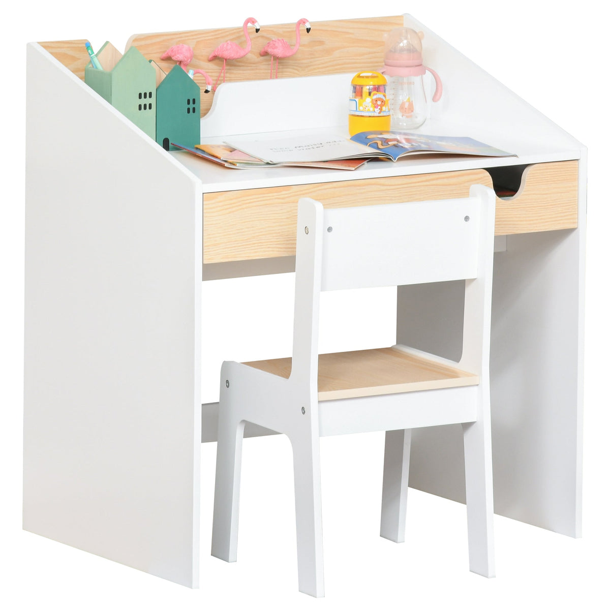 2 Pieces Kids Desk and Chair Set with Storage Pull-Out Drawer for 6-10 Years, Writing, Reading, Drawing