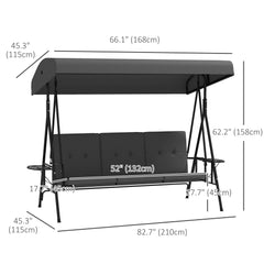 3-Seat Outdoor Porch Swing Patio Swing with Adjustable Canopy, Side Tray, Removable Cushion for Garden, Poolside, Blue