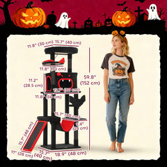 Gothic Cat Tree, 60" Tall Cat Tower with Coffin Bed, Sisal Scratching Posts & Ramp, Condo, Hammock, Perches, Black