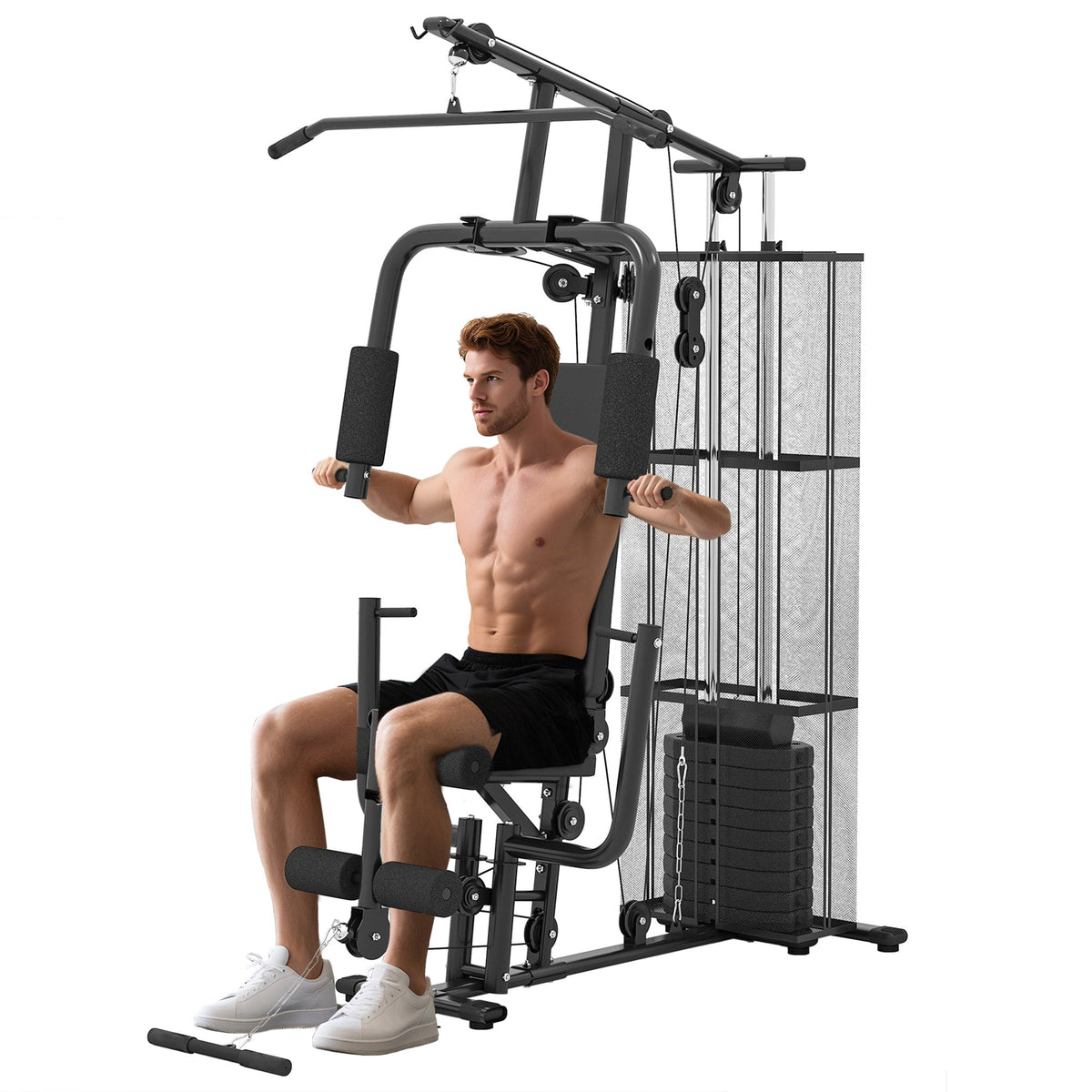 Home Gym, Multifunction Gym Equipment Workout Station with 100Lbs Weight Stack for Lat Pulldown, Leg Extensions, Preacher Bicep Curls, Triceps Pulldowns, Chest Press, Black