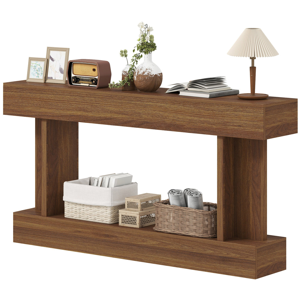 63 Inch Long Console Table, Vintage Narrow Entryway Table with Storage Shelf for Living Room and Hallway, Dark Brown