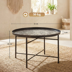 Vintage Coffee Table for Living Room, 24" Round Center Table with Hammered Tray Top and Metal Frame, Pewter