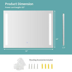 32 x 24 Inch Quadrate Wall Mirror with 3-Color Lights and, Anti-Fog Function
