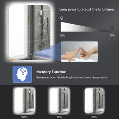 32 x 24 Inch Shatterproof Wall Mirror with 3-Color Lights and, Anti-Fog Function