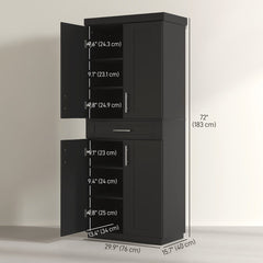 72" Storage Cabinet, Freestanding Kitchen Pantry Cabinet with 4 Doors, Drawer and 3 Adjustable Shelves, Black
