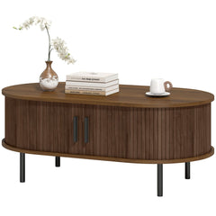 Coffee Table with Sliding Tambour Doors and Storage Center Table with Metal Legs, 39", Brown