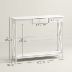 39" Console Table, 2 Tier X-Design Narrow Entryway Table with Drawer and Storage Shelf for Behind Couch, Living Room, Hallway, White