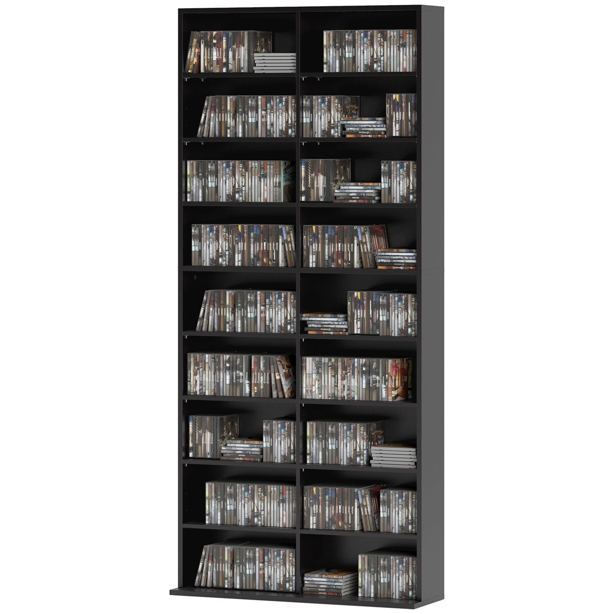 9-Tier DVD Shelf with 18 Compartments and 14 Adjustable Shelves, Holds 640 CDs, 360 DVDs or 430 Blu-rays, Black