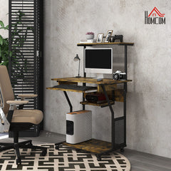 32" Mobile Computer Table, Rolling Study Desk for Home Office with Keyboard Tray, Storage Shelves, Wheels, Rustic Brown
