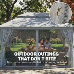 10' x 13' Patio Gazebo, UPF50+ Double Roof Outdoor Gazebo Canopy with Netting and Curtains, Steel Frame, Dark Grey