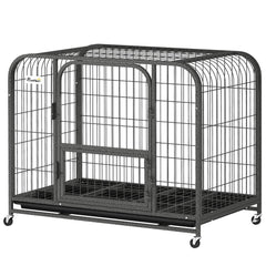 37 Inch Heavy Duty Dog Crate, Large Metal Dog Cage with Lockable Wheels and Removable Tray
