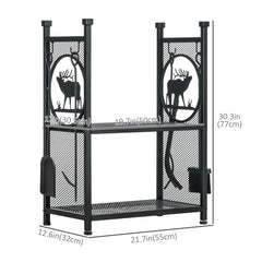 2-Tier Firewood Rack with Shovel, Broom, Poker, Tongs, Side Hooks, Log Holder for Fireplace, Outdoor Indoor Wood Storage Stacker, 21.7" x 12.6" x 30.3", Black