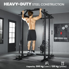 Multi-Functional Power Rack, Smith Machine Cable Crossover System with Pull Up Bar, Lat-Pull Down System, Landmine