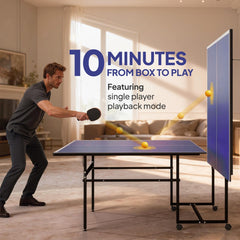 Full Size Table Tennis Table, Folding Ping Pong Table with Net, Paddles, Balls and Wheels, Blue