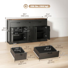 Sideboard Buffet Cabinet, 55" Farmhouse Kitchen Cabinet with 4 Barn Doors, 6 Drawers and 2 Adjustable Shelves, Black