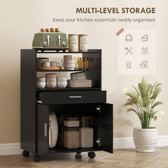 Microwave Cart with Wheels, Microwave Stand with Worktop, Open Shelves and Drawer, Storage Cabinet, Black