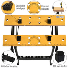 Foldable Work Bench w/ 4 Adjustable Clamps, Carpenter Saw Table, MDF Surface, Steel Frame, Portable Work Bench 100kg/220lbs Capacity, Black