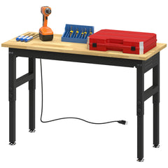 48" Adjustable Workbench, Heavy Duty Work Table with Rubber Wood Top, Power Outlets, Pegboard, 2000 LBS Capacity