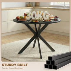 39" Dining Table, Contemporary Round Kitchen Table with Steel Legs, Black Wood Grain