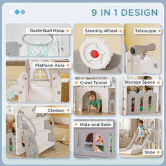 9 in 1 Toddler Slide with Basketball Hoop, Climber, Telescope, Tunnel, Steering Wheel, for 1-3 Years, Grey