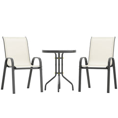 3 Pieces Bistro Set, Small Patio Furniture Set with Stackable Mesh Chairs, Glass Table for Garden, Balcony, Beige