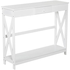 39" Console Table, 2 Tier X-Design Narrow Entryway Table with Drawer and Storage Shelf for Behind Couch, Living Room, Hallway, White