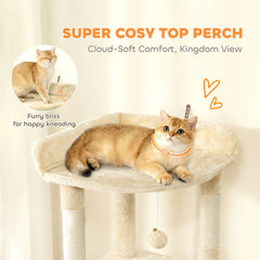 67" Large Cat Tree with 7 Scratching Posts, Tunnel, 2 Condos, Hammock, Perch, Ramp, Pompoms, Beige