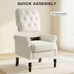 Accent Chair, Mid-Century Modern Armchair with Thick Padded Seat, Spring Cushion, Solid Wood Legs, Cream White