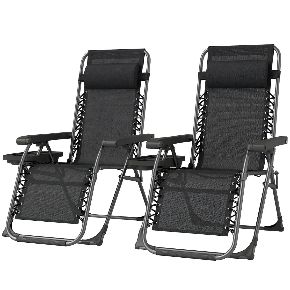 Zero Gravity Chair Set of 2, Folding Reclining Outdoor Lounge Chair with Cup Holder, Headrest, Black