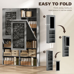 Fold-out Convertible Office Desk, Wall Mount Computer Desk with Blackboard and Side Shelf, Charcoal Grey