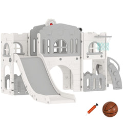9 in 1 Toddler Slide with Basketball Hoop, Climber, Telescope, Tunnel, Steering Wheel, for 1-3 Years, Grey